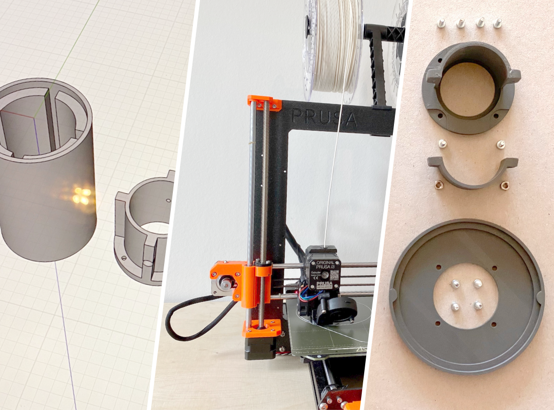 The image has three parts showing from left to right the creation of a 3d-printed lamp; first the CAD design, then the printing and finally the printed parts